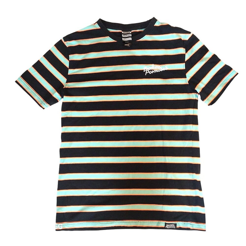 Broken Promises Striped T-Shirt Medium Black Mint Cotton Polyester Mens Crew Nec